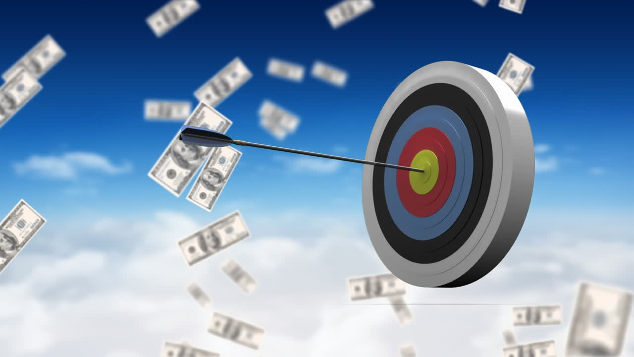 animación del escudo con flecha y billetes de dólar cayendo sobre el cielo con nubes