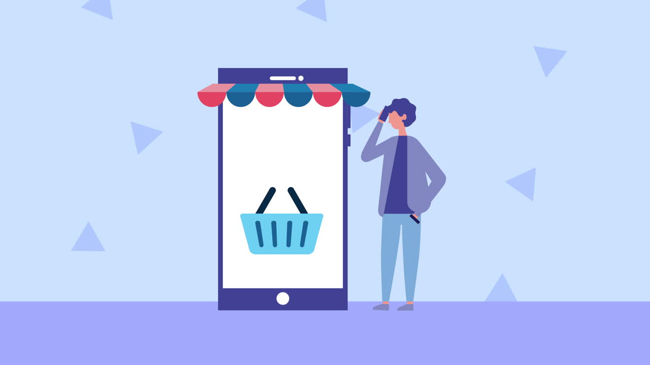 쇼핑 바구니 를 들고 스마트폰 을 사용하는 젊은 남자