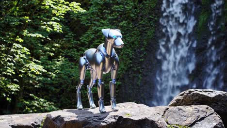 Robot Dog by a Waterfall