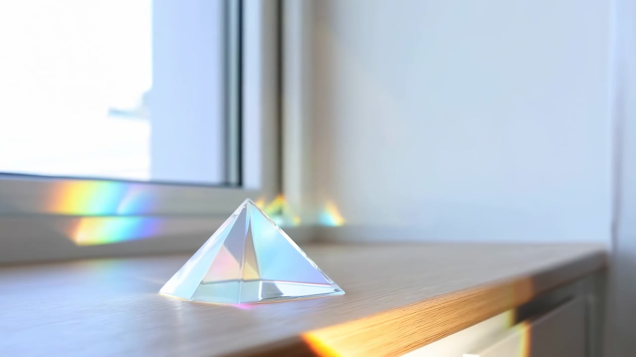 Clear pyramid stays beside window while vivid spectral light changes position and gradually fades across pale wall and warm wooden sill within a bright softly focused interior.