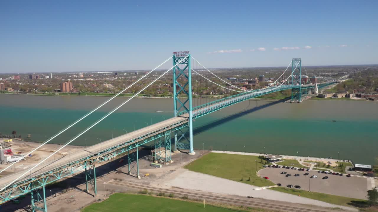 Ambassador Bridge connecting Detroit, Michigan in the United States of America and Windsor, Ontario in Canada drone video moving in