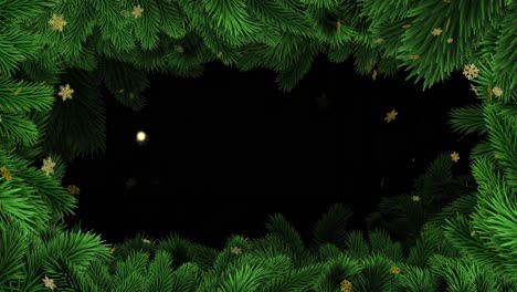Animation-of-gold-christmas-snowflakes-falling-on-black-background-with-christmas-tree-border