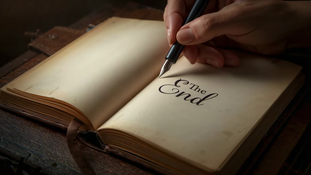 Making final nib stroke, writer's hand finishing calligraphy on vintage book at warm desk with End
