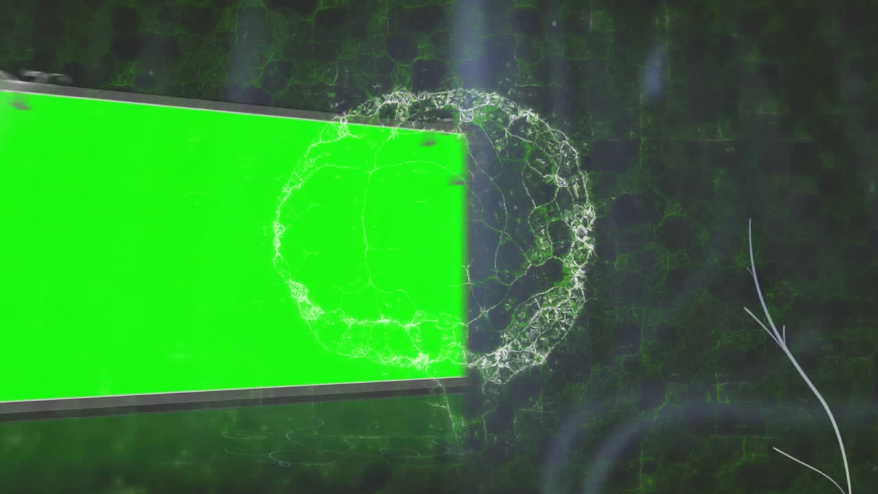 Glowing fractal ring pulsing, highlighting green-white filaments on dark green hex grid
