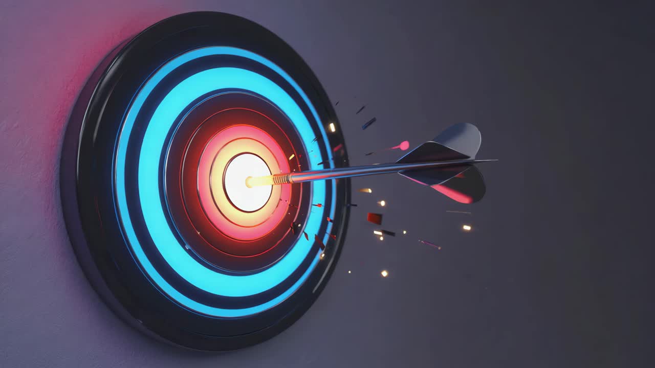 Dart hitting bullseye on an illuminated target board