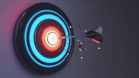 dart hitting bullseye on an illuminated target board
