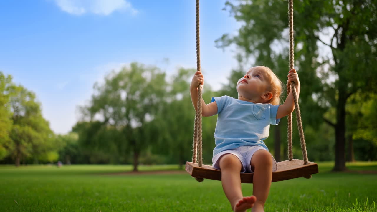 Bambino piccolo su un'altalena di legno che guarda il cielo blu in un parco illuminato dal sole, erba verde sotto i piedi, alti alberi che fanno da cornice.