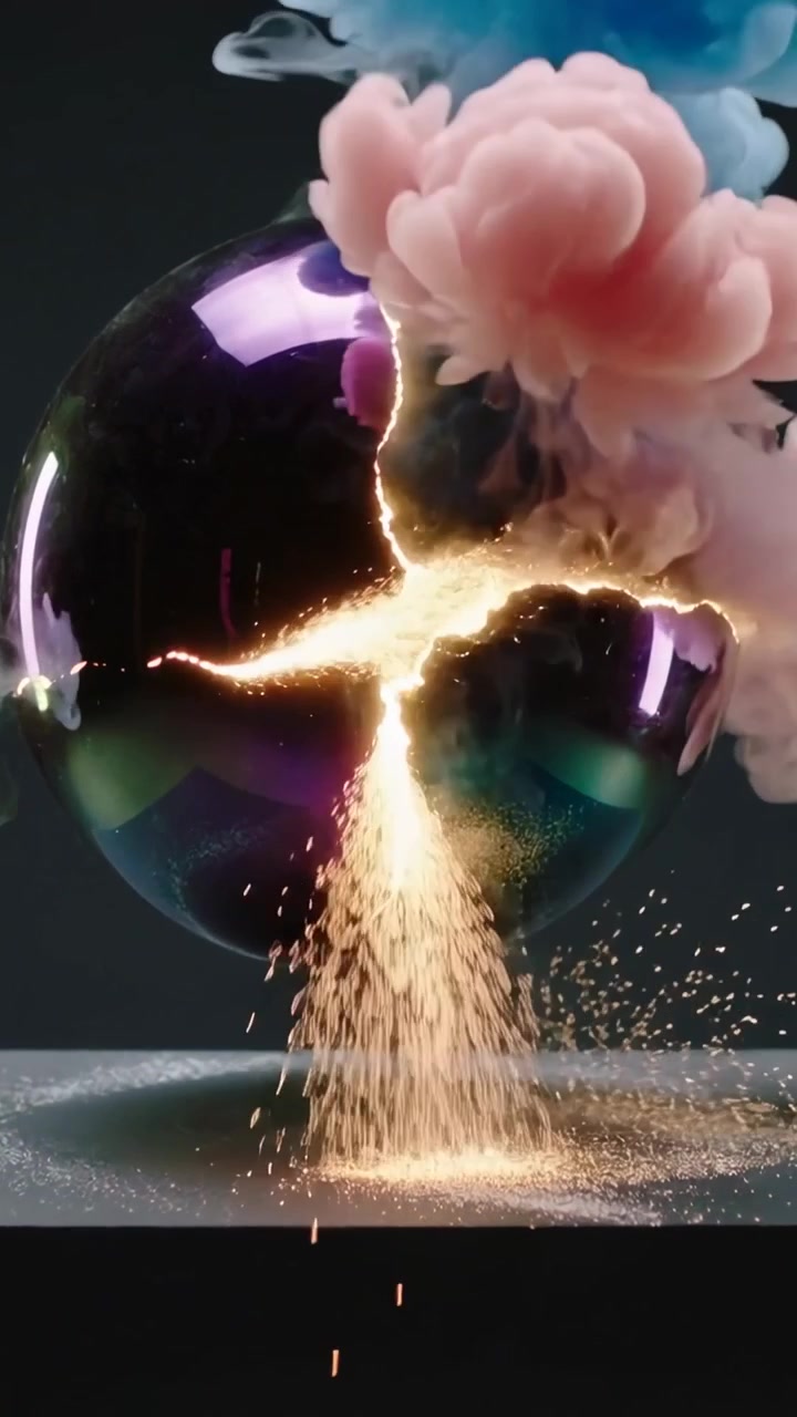 Video verticale: Sfera lucida che si rompe formando una fessura, versando oro sulla base e rivelando pennacchi pastello