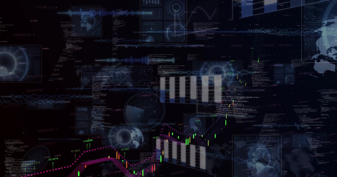 Starting with faint streaks, floating analytics HUD assembling layers and revealing market data