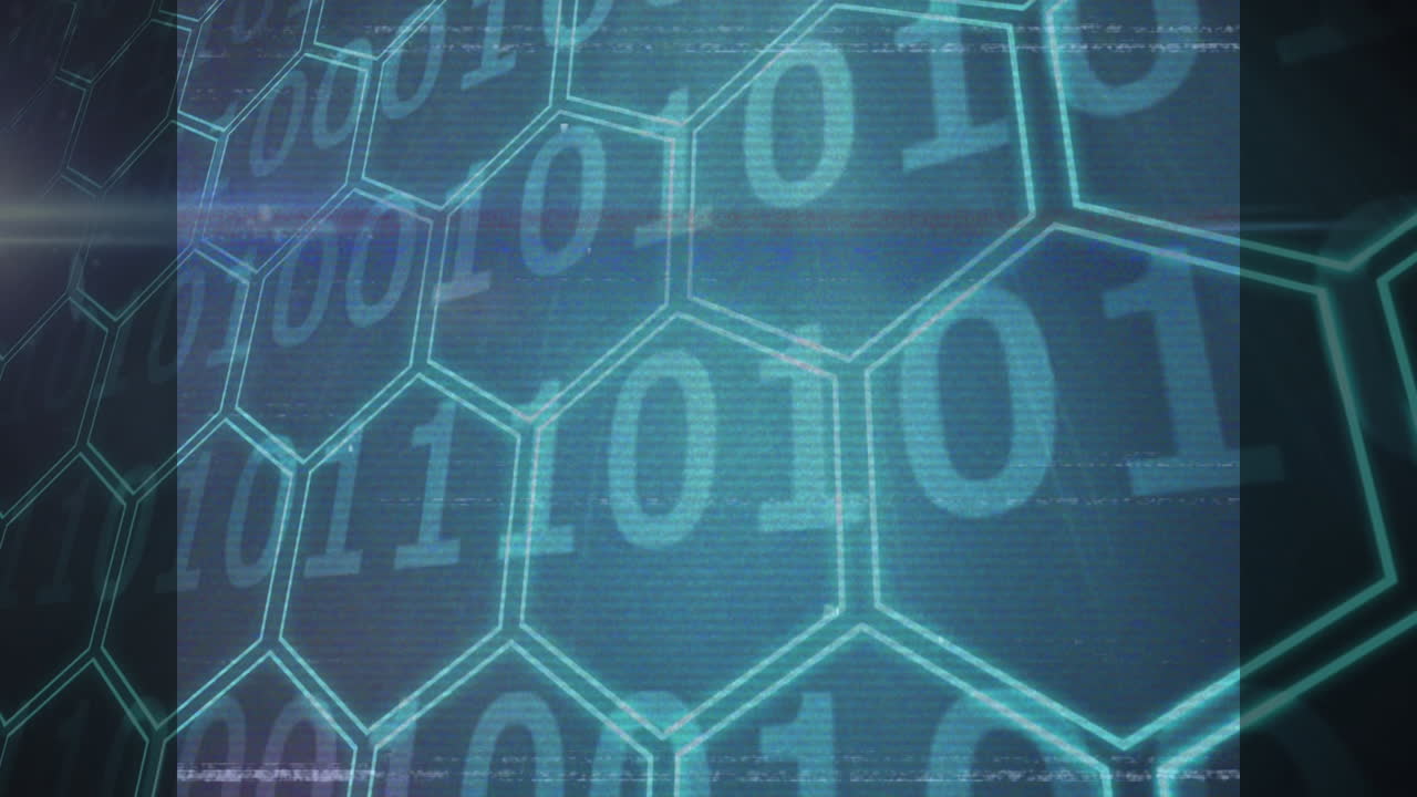 Animation of digital technology with binary code and hexagonal patterns in school
