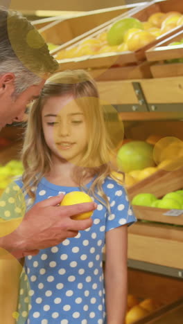 animation of spots over happy caucasian father with daughter in shop