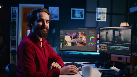 Expert-using-post-production-techniques-to-edit-raw-clips-footage-on-isolated-screen-monitor