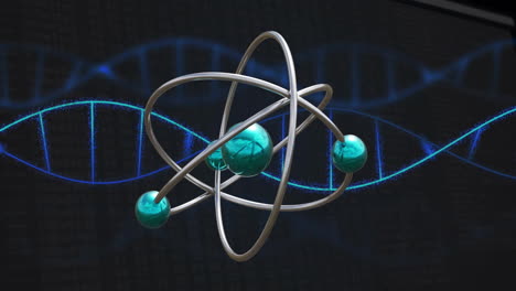 animación de la cadena de adn y procesamiento de datos científicos sobre el átomo