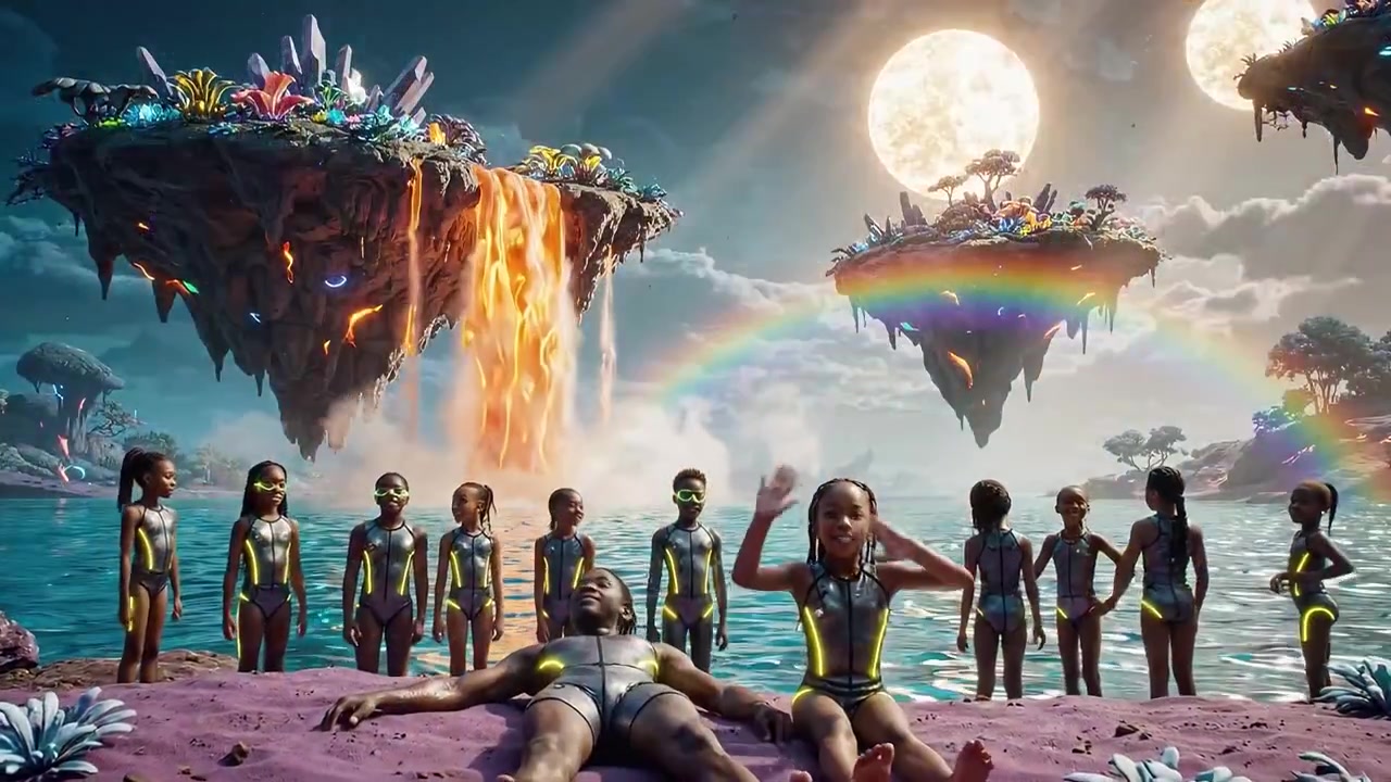 Uma celebração vibrante e surreal em um mundo aquático encantado com ilhas flutuantes, flora colorida e interações envolventes sob o luar brilhante.