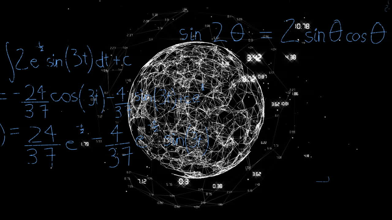 globo giratorio de marco de alambre con ecuaciones y fórmulas matemáticas animación