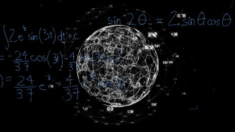 Rotating wireframe globe with mathematical equations and formulas animation