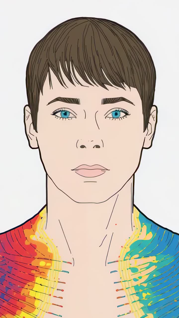 Vertical video: Glow rising left shoulder man holding gaze in studio halo growing showing paint