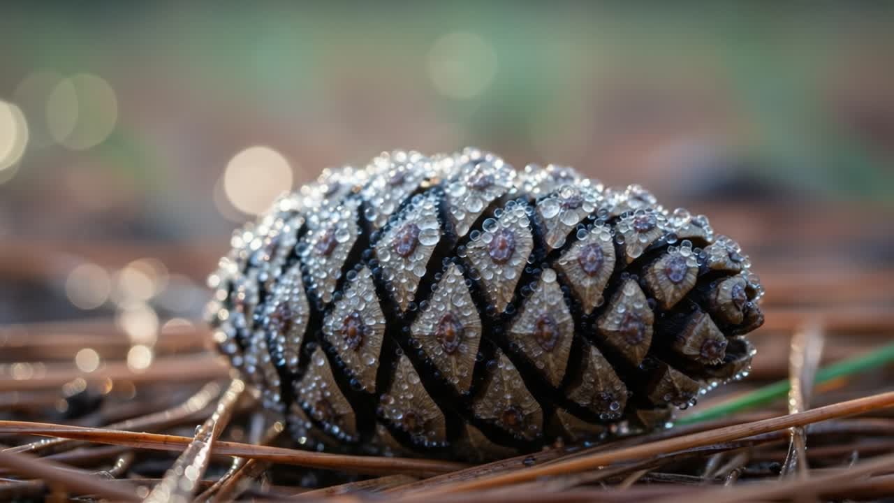 A Close-Up Encounter with Nature: A Pine Cone Adorned with Dewdrops Glimmering in Morning Light, Set Against a Background of Soft, Earthy Tones