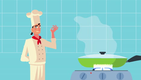 chef worker with pan cooking animation