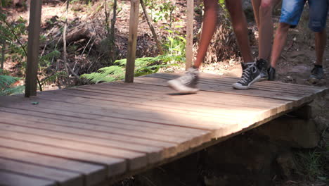 feet walking over small wooden bridge in a forest, close up