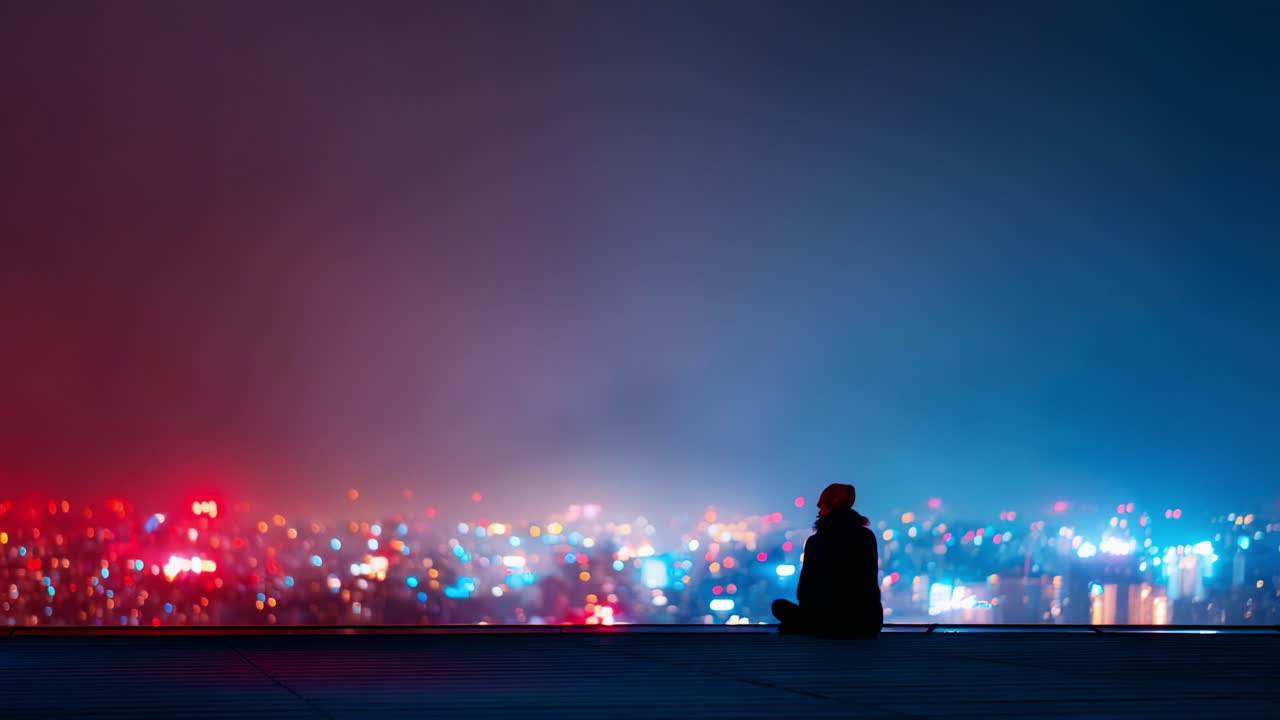 A solitary figure gazes at a vibrant city skyline, illuminated by colorful lights and enveloped in a calming atmosphere of nighttime serenity and urban beauty