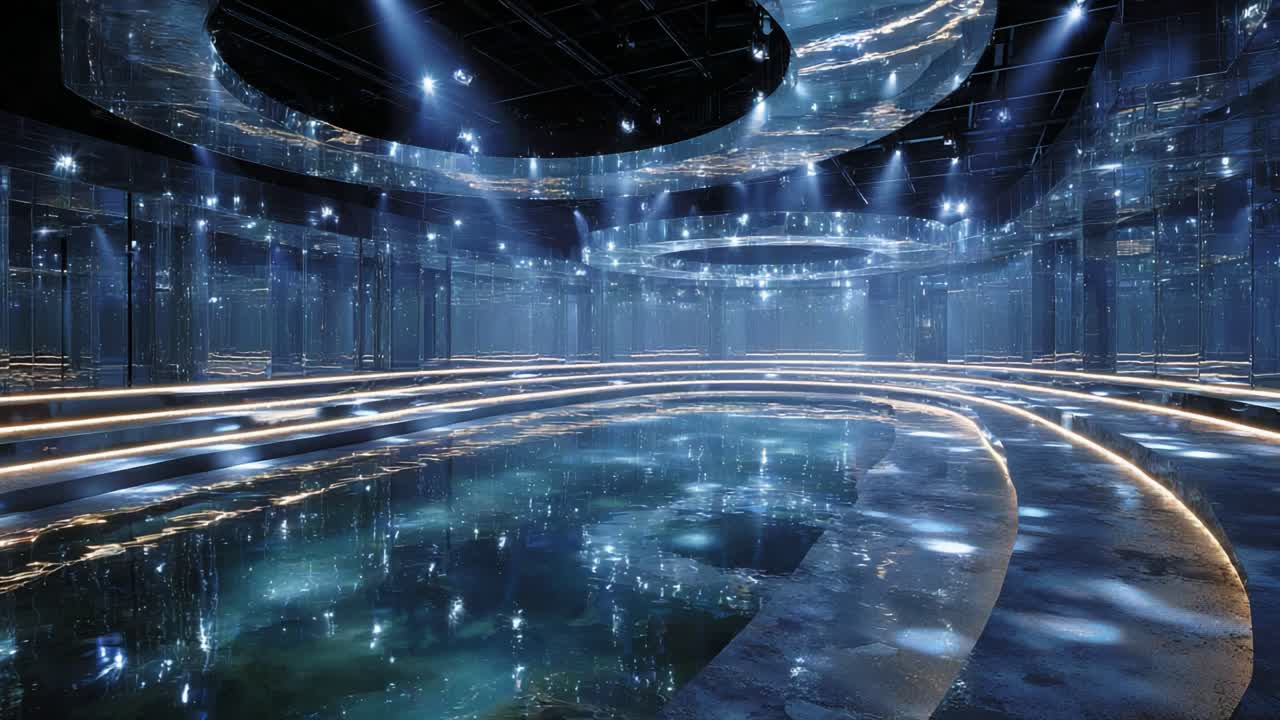 A Futuristic Stage Design Featuring Reflective Surfaces and Dynamic Lighting, Creating an Immersive Experience with Water Elements and Sleek Curved Lines in a High-Tech Environment