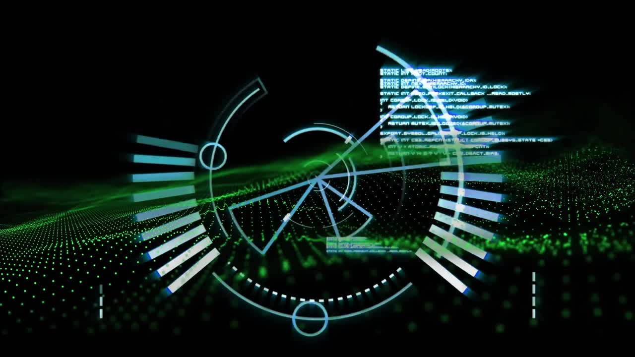 둥근 스캐너의 디지털 애니메이션과 검은 바탕에 디지털 파동을 통해 데이터 처리