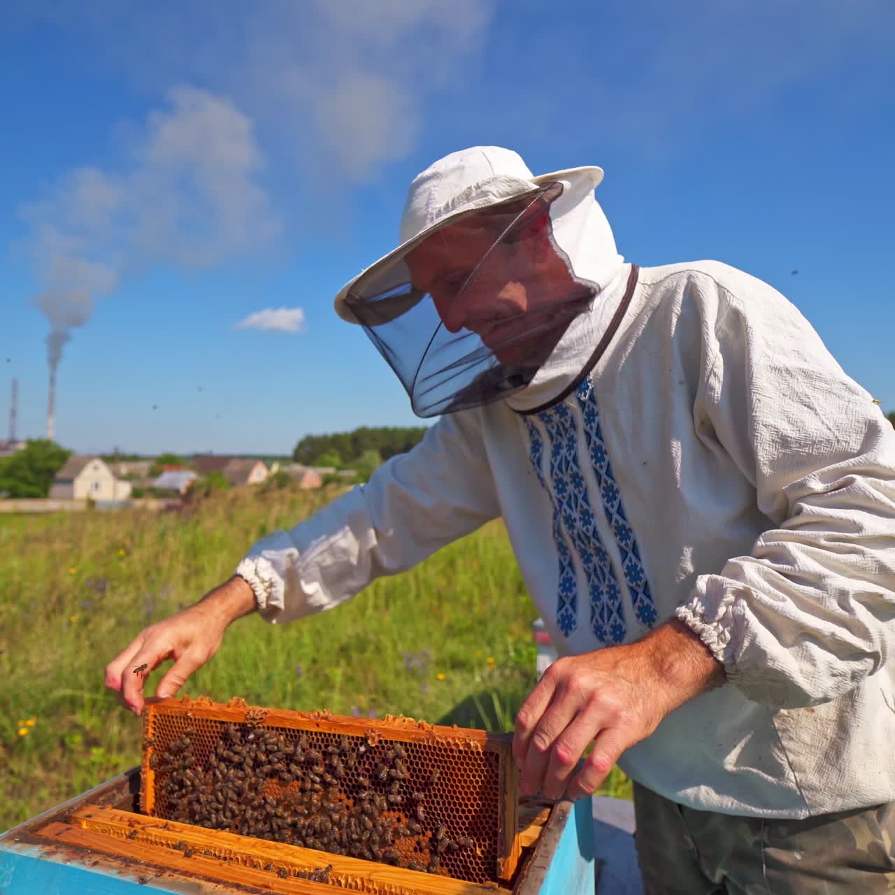 Farmer working on apiary. Beekeeper looking after bees on village background. Smiling man in protective hat inspecting bees on a beehive.