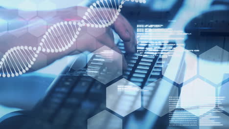 animación de la cadena de adn y procesamiento de datos sobre las manos escribiendo en el teclado