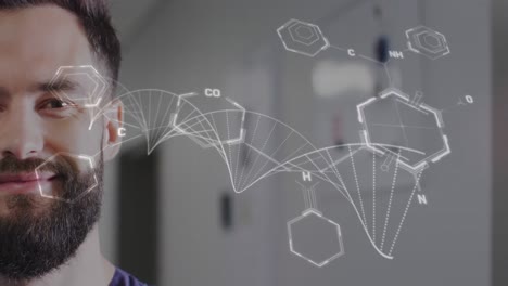 Animation-of-dna-strand-and-data-processing-over-smiling-cacuasian-male-doctor