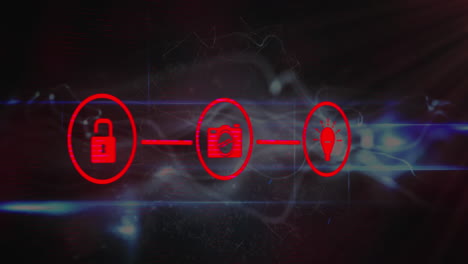 animación de una red de iconos digitales y ondas digitales brillantes azules contra un fondo gris