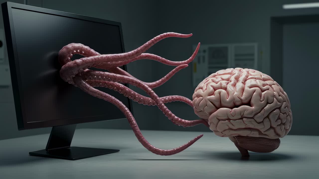 Creative illustration of a brain interacting with an octopus emerging from a computer screen in an unusual artistic display of technology and biology
