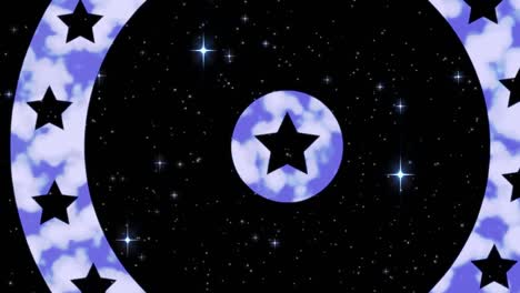 Animation-Von-Kreisen,-Die-Sich-Mit-Sternen-Und-Streifen-Der-Amerikanischen-Flagge-über-Dem-Nachthimmel-Mit-Sternen-Drehen