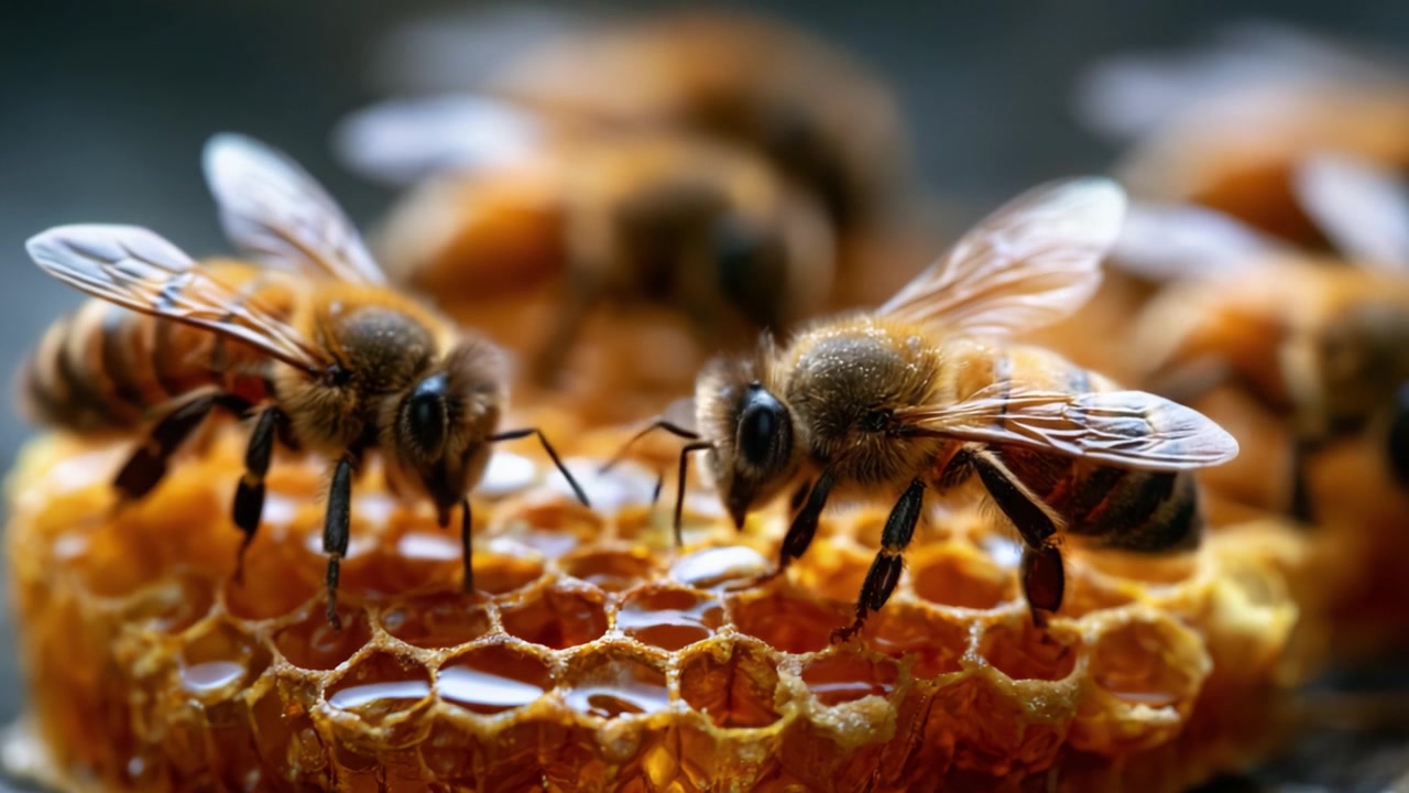 Un'esplorazione ravvicinata di api che raccolgono nettare dal favo, mostrando il loro ruolo nell'impollinazione e nella produzione di miele nell'intricato ecosistema della natura.