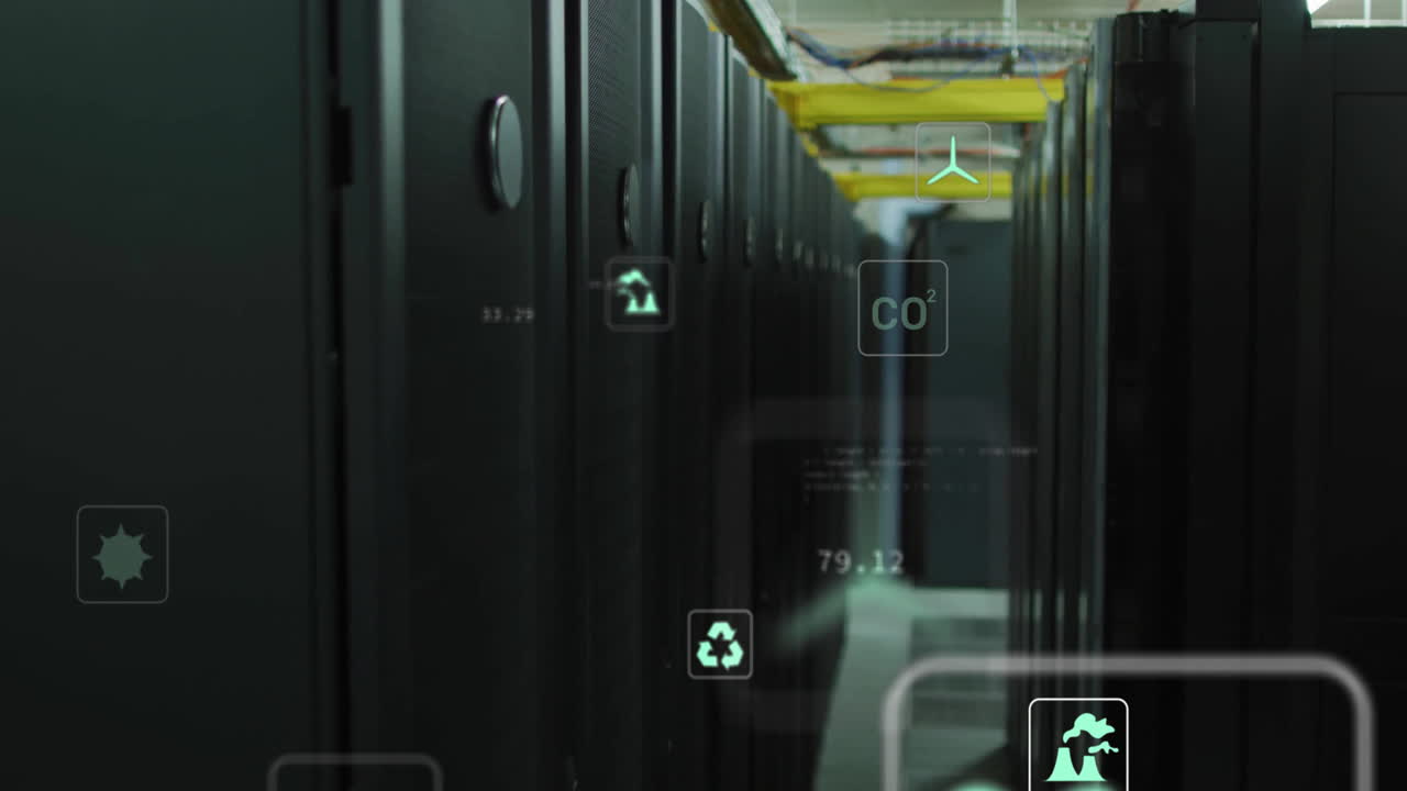 Animation of eco icons and data processing over computer servers