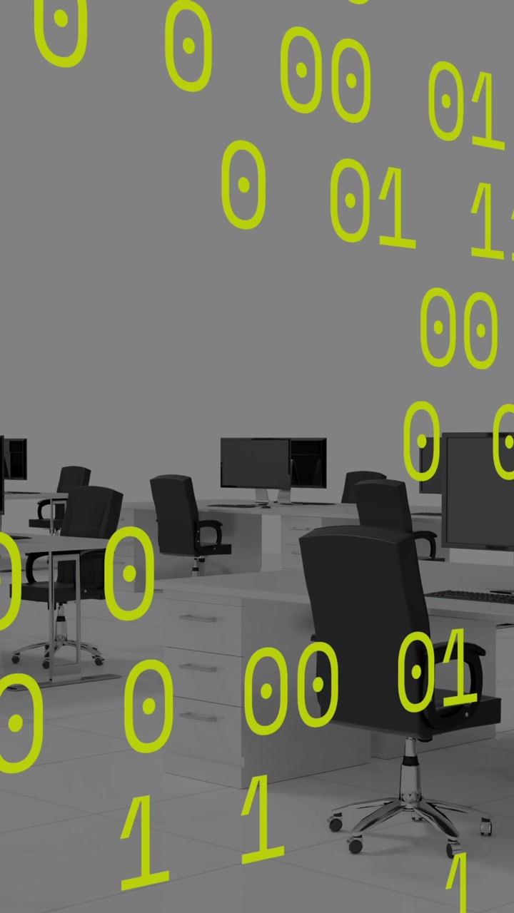 Animation of data processing over office desks with computers