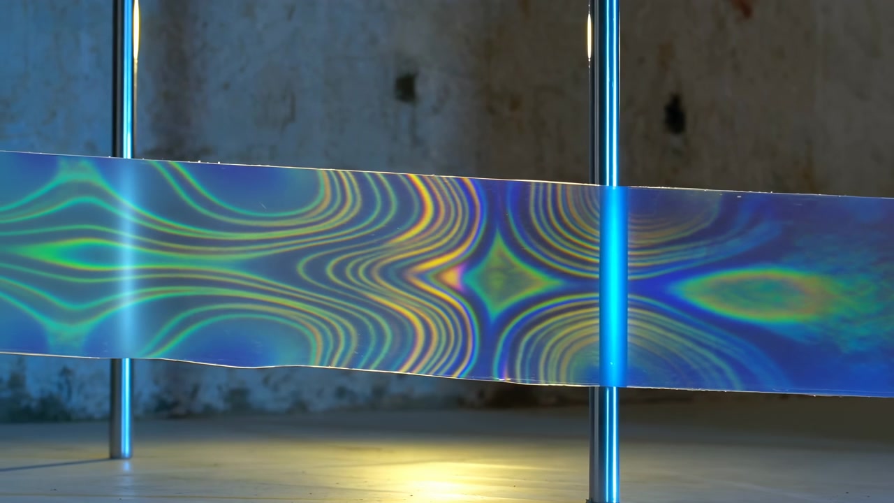 Pellicola traslucida iridescente tesa orizzontalmente tra due pali metallici verticali lucidi all'interno di una stanza industriale poco illuminata.