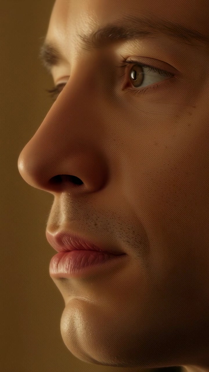 Vertical video: Reacting to cue, man in profile blinking and shifting chin in warm light
