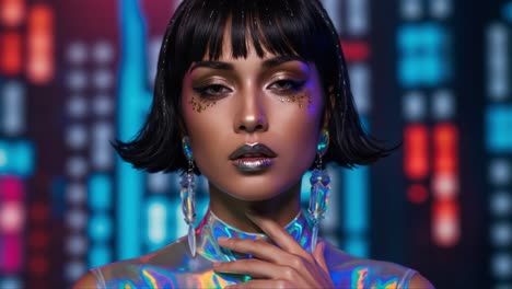 a stunning portrait of a glamorous individual highlighting modern artistry through vibrant colors and unique styling, emphasizing beauty and futuristic aesthetics