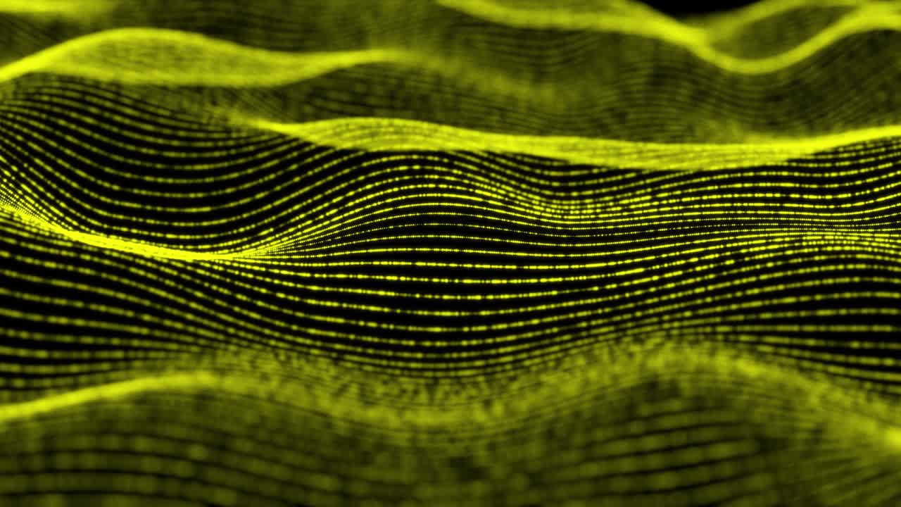 4K, Abstract Futuristic Digital Blue Wave Particles Background.Seamless Loop. Technology digital wave background concept.Beautiful motion waving dots texture with glowing defocused particles. Cyber or technology background. Yellow Color