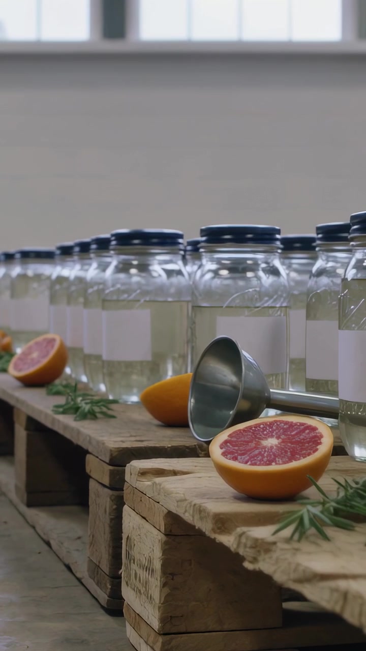 Vertical video: Shifting camera at start, tightening in studio revealing grapefruit, funnel, jars