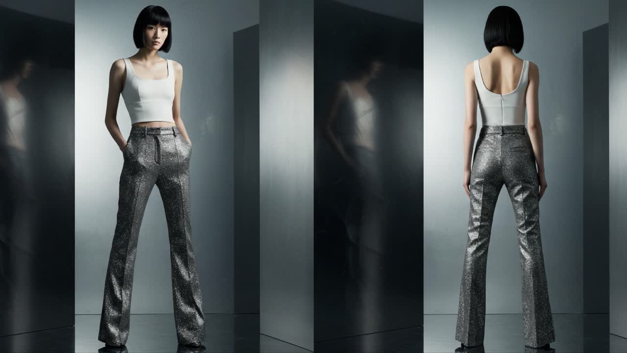 A Fashion Model Showcases Elegance in Metallic Pants and a Simple Top, Captured in Two Striking Frames with a Reflective Background