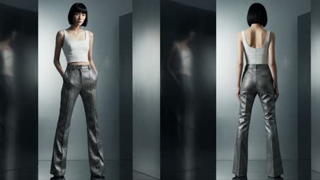 a fashion model showcases elegance in metallic pants and a simple top, captured in two striking frames with a reflective background