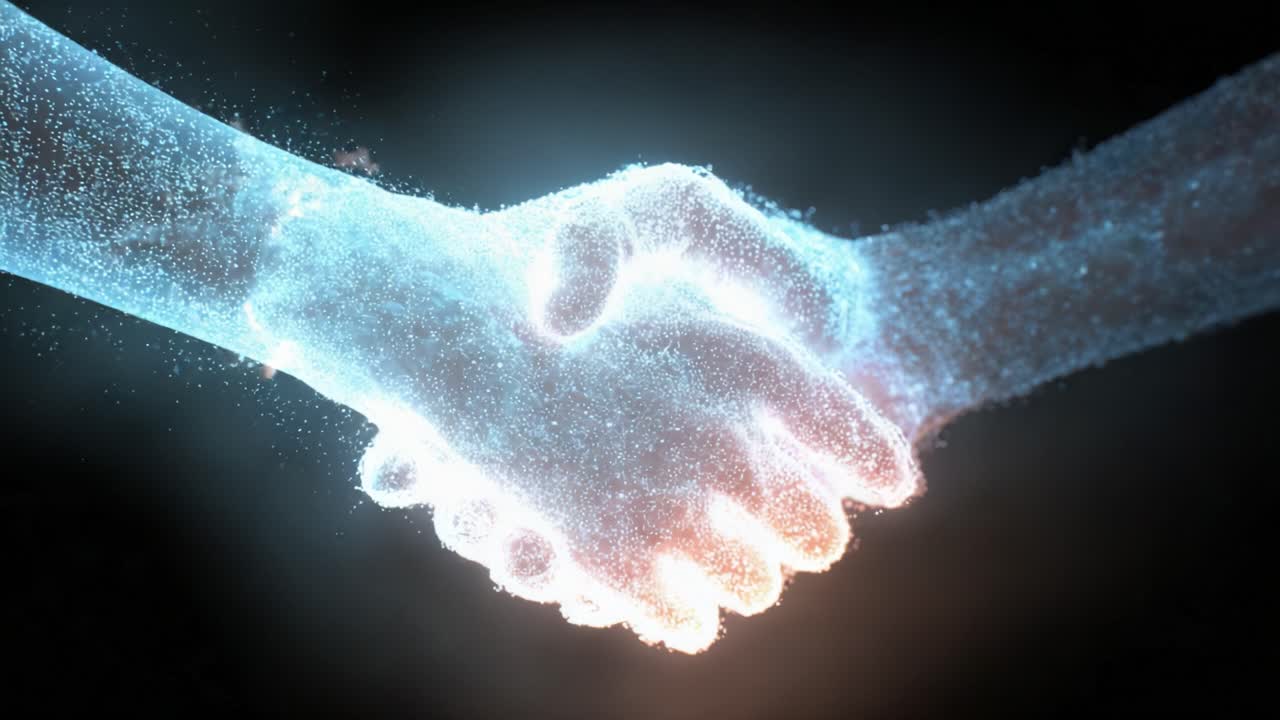 Abstract futuristic rendering of two hands joining in a handshake, formed by glowing digital particles, symbolizing a technological partnership, connection, agreement, and virtual business deal