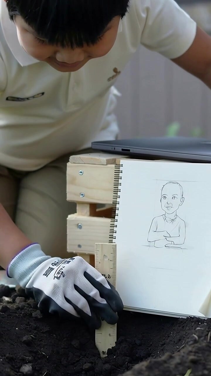 Vertical video: Placing ruler, child in white polo with gloves measuring depth at yard with laptop