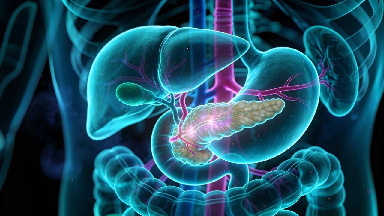 Boosting luminescence highlighting pancreas and biliary ducts in frontal torso, drawing attention