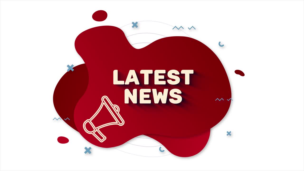 Megaphone with text Latest news. Memphis style banner with abstract geometric shapes on red background. Banner and outline round elements with megaphone. 4K video motion graphic