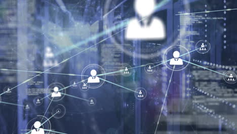 animation of network of connections with icons and data processing over computer servers
