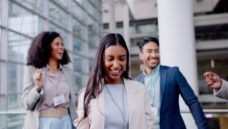 Dancing,-business-people-and-woman-with-team