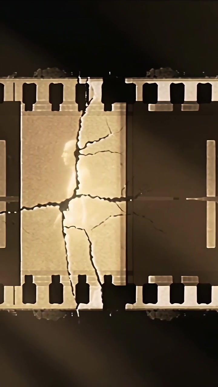 Vertikal video: En lysande man dyker upp och går rakt längs en filmremsa med sprickor och hål.